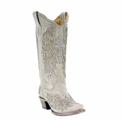 Corral Boots Corral Ladies Angela White Glitter Wing & Cross Studded Boots A3571