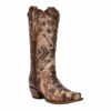 Corral® Ladies Screen Printed & Embroidered Bone & Brown Snip Toe Boots L2086