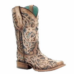 Corral Boots Corral Ladies Bone & Multicolor Inlay & Studs Square Toe Boots C3405