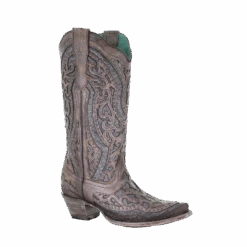 Corral Boots Corral Ladies Brown Grey Inlay & Studs Snip Toe Boots E1569