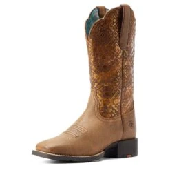 Ariat® Ladies Round Up Brown & Copper Emboss Western Boots 10044431 -True Style Shoes Store S23 WMS WEST 10044431 3 4 front