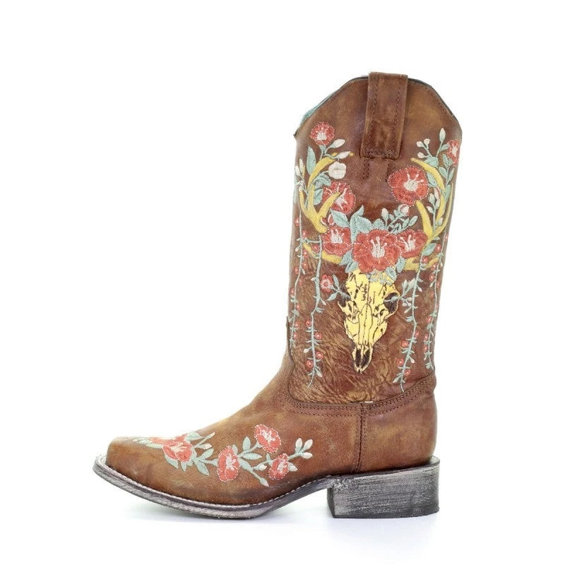 Corral Boots Corral Ladies Tan Deer Skull Overlay & Floral Embroidery Boots A3708 4 Corral Boots Corral Ladies Tan Deer Skull Overlay & Floral Embroidery Boots A3708 - Image 4